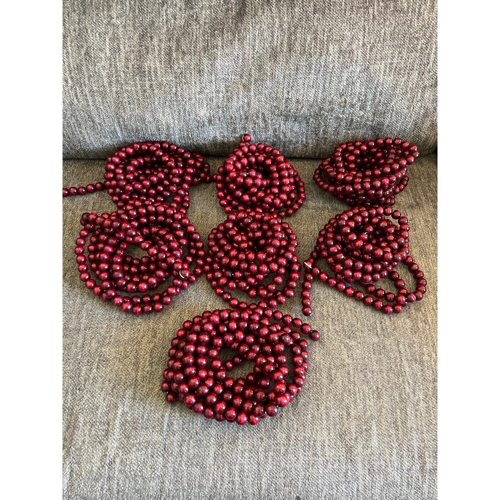 Lot of 7 Dark Red Wood Cranberry Bead Christmas Tree Garland 9ft Strands 63ft